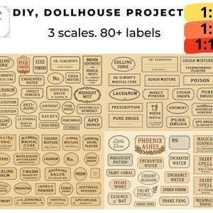Puede incluir: Un conjunto de etiquetas para casas de muñecas de estilo vintage con textos como "Collins Tonic", "Midnight Mist" y "Phoenix Ashes". Las etiquetas están disponibles en tres escalas: 1:6, 1:8 y 1:12. Las etiquetas son de color beige con texto marrón.