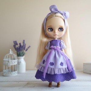 ABITO BLYTHE viola a QUADRI con pizzo, abiti romantici vintage, abito con maniche a sbuffo Blythe, bambola ooak sonkahouse pullip fashion fairy