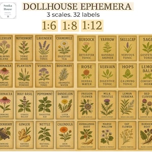 May include: Dollhouse ephemera labels featuring botanical illustrations and text. Includes 32 labels with names like Valerian, Lavender, and Chamomile, and phrases like "Calming Blend" and "Digestive Tea." The labels are designed for 1:6, 1:8, and 1:12 scales.