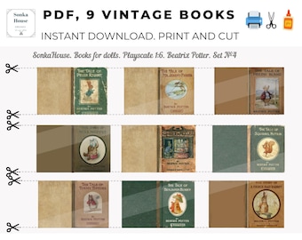 Puede incluir: Un PDF imprimible con nueve portadas de libros vintage de Beatrix Potter para muñecas. Los títulos incluyen "The Tale of Peter Rabbit" y "The Tale of Benjamin Bunny". También se ve el texto "Descarga instantánea. Imprime y corta".