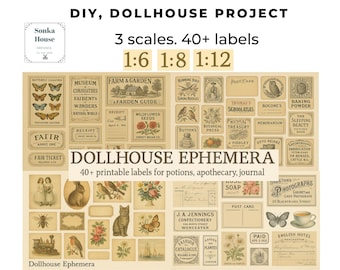 Vintage kortstondige labels en miniposters – afdrukbaar poppenhuisdecor voor drankjes, apotheker, tijdschrift en diorama | PDF 1 6 1 8 1 12 Schaal