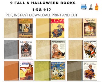 Halloween and Fall Miniature Book Covers PDF | Retro Vintage Printable Magazines | Dollhouse 1 6 and 1 12 Scale, Blythe DIY Digital Download