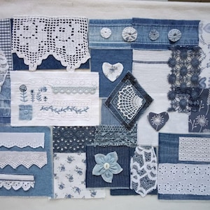 Slow Stitch Kit, Denim Fabric, Hand Embroidery Kit, Creative Textile Collage, Boho DIY Set Vintage Handmade Lace, textile collage