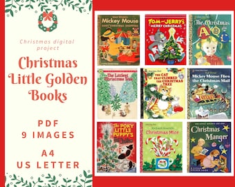PDF Old Christmas, Little Golden Books, Digital Collage Sheet, cards, A4, US Letter, 9 images, Instant Download, retro Scrapbooking 300 dpi