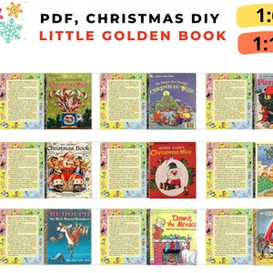 May include: A PDF digital download featuring a collection of miniature Christmas-themed Little Golden Books. The titles include "Christmas Mice," "Christmas Tree," and "Rudolph the Red-Nosed Reindeer." The image also includes the text "PDF, CHRISTMAS DIY LITTLE GOLDEN BOOK."