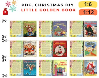 May include: A PDF digital download featuring a collection of miniature Christmas-themed Little Golden Books. The titles include "Christmas Mice," "Christmas Tree," and "Rudolph the Red-Nosed Reindeer." The image also includes the text "PDF, CHRISTMAS DIY LITTLE GOLDEN BOOK."