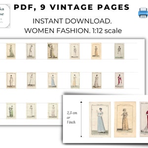 May include: Nine vintage pages of women's fashion illustrations, each page is approximately 2.5 inches wide. The pages are printed in black and white with hand-drawn illustrations of women in various dresses and hats. The pages are arranged in three rows of three pages each.