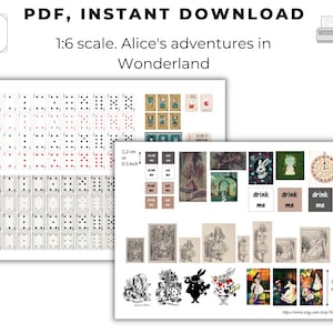 Książka PDF Natychmiastowe pobieranie Przygody Alicji w Krainie Czarów, Lewis Carroll, zestaw do druku domek dla lalek, Karta do gry 6. skala cyfrowa lalka BJD