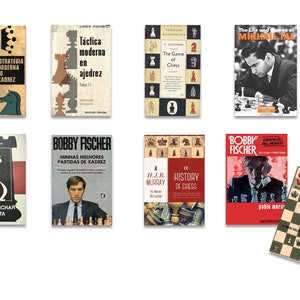 May include: A collection of vintage chess books with various covers featuring chess pieces, chessboards, and portraits of famous chess players. The books include titles like "The Game of Chess", "A History of Chess", and "Bobby Fischer: My 60 Memorable Games".