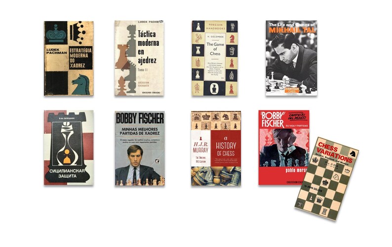 May include: A collection of vintage chess books with various covers featuring chess pieces, chessboards, and portraits of famous chess players. The books include titles like "The Game of Chess", "A History of Chess", and "Bobby Fischer: My 60 Memorable Games".