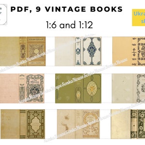 May include: Nine vintage book covers with intricate designs in shades of brown, green, and blue. The covers are arranged in three rows of three. The text "PDF, 9 VINTAGE BOOKS 1:6 and 1:12" is at the top of the image. The text "Ukrainian shop" is in a yellow box at the top right of the image.