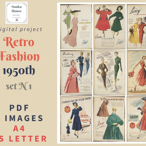 Retro Fashion - PDF  Digital Collage Sheet- ATC Ladies, mini cards - A4, US Letter, 9 images -Printable Download - Tags Digital file Fashion