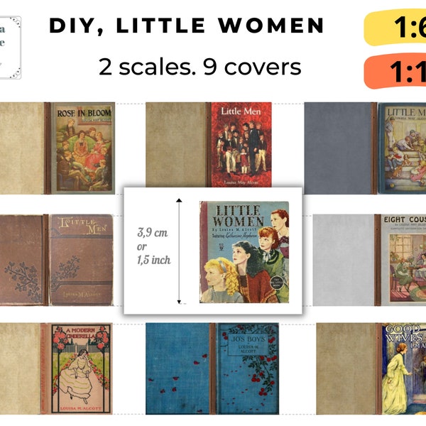 DIY Little women book, PDF Instant download, 9 book cover, Little men, book cover, digital miniature vintage Louisa May Alcott 1:6 1_12