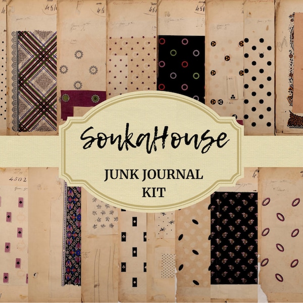 Junk journal Kit, Pages, French Textile sample, 20 different images, Printable Digital Instant Download Set Scrapbook, PDF JPG + Present :-)