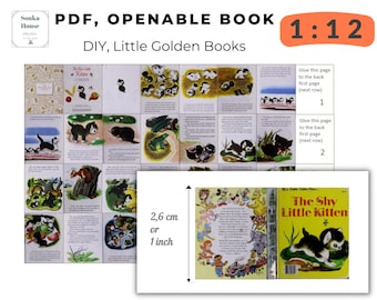 DIY Miniatur druckbare PDF-Datei 1/12 Sofort-Download, Kleine Goldene Bücher, Kleines Kätzchen, Bücher in 1/12, Do it yourself Buch