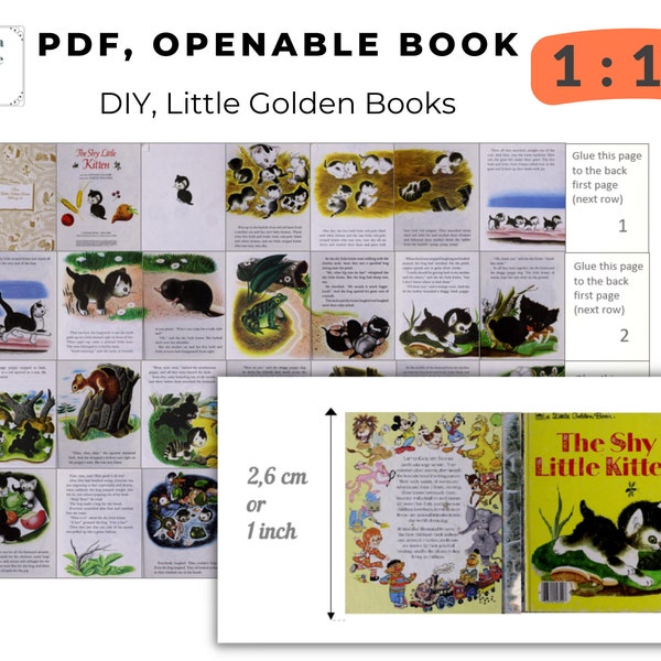 DIY Miniature printable PDF 1/12 Instant download, Little Golden Books, Little Kitten, 1/12 scale books, do it yourself book