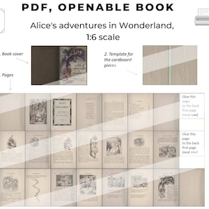 Peut inclure: Un modèle PDF imprimable pour créer un modèle en carton à l'échelle 1:6 d'un livre intitulé "Alice's Adventures in Wonderland". Le modèle comprend une couverture de livre, des pages et des instructions pour coller les pièces ensemble.