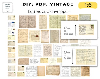 PDF Instant download, vintage letters and envelopes, 1 sheet A4, Ephemera Printables, miniature dollhouse scale, inside pages, 16 scale