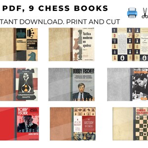 May include: Nine vintage chess book covers with titles in English, Spanish, Portuguese, and Russian. The covers feature chess pieces, chess boards, and portraits of famous chess players. The books are available for instant download, print, and cut.