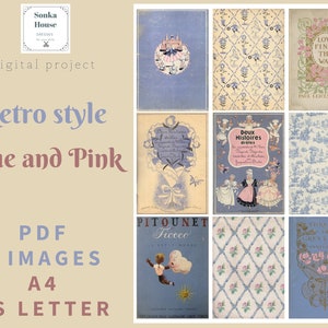 ATC Vintage Azul e Rosa - Folha de colagem, lindo mini cartão, cartões, A4, Carta dos EUA, 9 imagens Kit de diário de scrapbooking para download instantâneo