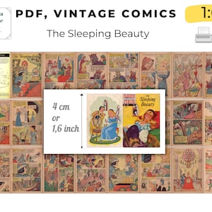 May include: A vintage comic book cover featuring a color illustration of a princess sleeping in a bed. The cover is titled "The Sleeping Beauty" and is part of a collection of classic comics. The comic book is 4 cm or 1.6 inches wide.