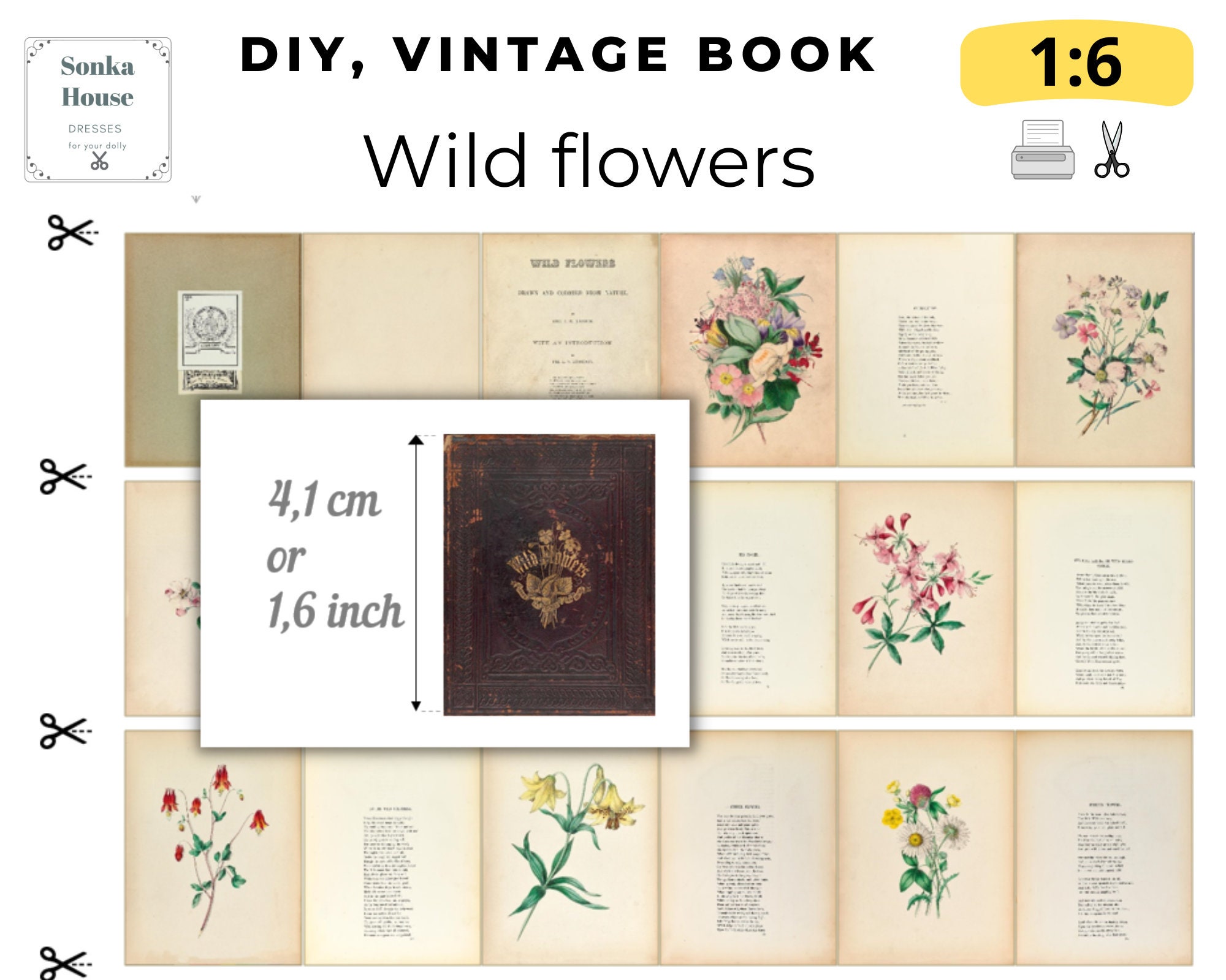 Wild Flowers Miniature Book PDF - Antique Victorian Book - 16 scale DIY with Tutorial - Instant Download Scale for doll Blythe