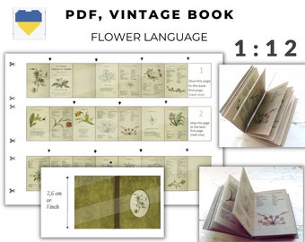 Mini livre maison de poupée 1/12, langage floral à faire soi-même, livre imprimable ouvrable, numérique à l'échelle 1:12, téléchargement instantané PDF, livre botanique miniature