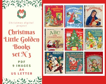 PDF Digital Collage Vintage Christmas, Little Golden Books, Sheet, cards, A4, US Letter, 9 images, Instant Download, Scrapbooking 300 dpi