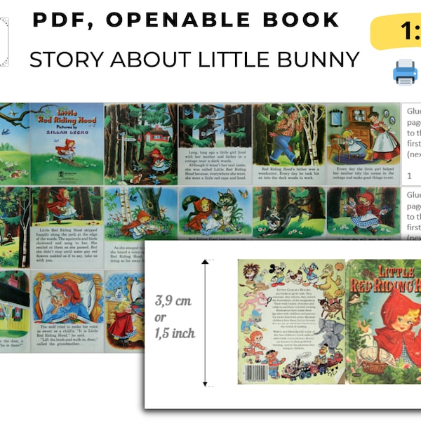 DIY Miniature book, PDF Instant download, Little Red Riding Hood, little golden books 1:6 digital Vintage Fairy Tale Book with 18 page