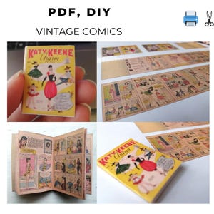 May include: A collection of miniature vintage comic books, including a small open book and several strips of comic panels. The cover of one book reads "Katy Keene Charm" with a woman in a red skirt. The text "PDF, DIY VINTAGE COMICS" is at the top.
