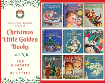 PDF Vintage Christmas, Kids Little Golden Books, Digital Collage Sheet, cards, A4, US Letter, 9 images, Instant Download, Scrapbooking set 6