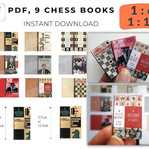 PDF Instant download father day gift 9 cover chess book miniature vintage, 2 scales 1:6 and 12th printable digital chess game BJD