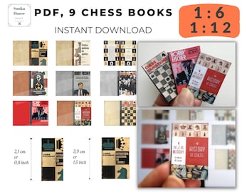 PDF Instant download father day gift 9 cover chess book miniature vintage, 2 scales 1:6 and 12th printable digital chess game BJD