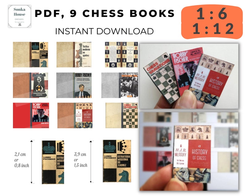 May include: Nine miniature chess books, including "Bobby Fischer", "Chess Variations", and "History of Chess", are displayed on a white surface. The books are approximately 0.8 inches tall and 1.5 inches wide. The image also includes a scale bar showing the dimensions of the books.