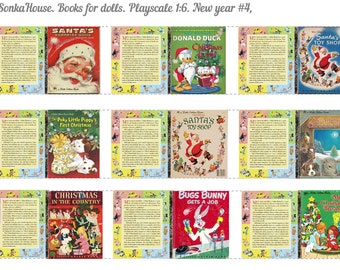 May include: A set of ten miniature vintage children's books with Christmas themes. The books feature illustrations of Santa Claus, a puppy, Donald Duck, and other characters. The books are in a 1:6 scale and are ideal for dollhouses.