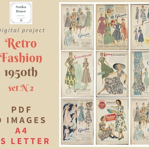 1950er Jahre Mode Kartenpapier - PDF Digital Collage Sheet - Minikarten - A4, US Letter, 9 Bilder - Printable Download - Tags Digitale Datei Mode