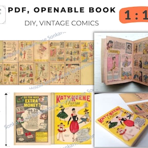 May include: A DIY vintage comic book kit with a 1:12 scale. The kit includes a full-color comic book cover with the title "Katy Keene Charm" and a set of comic book pages. The kit also includes instructions for assembling the book.