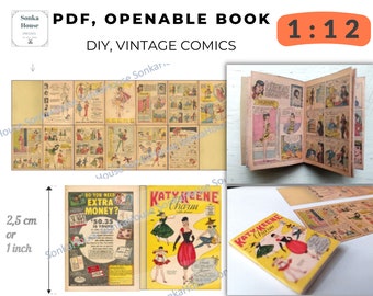 Miniatur 1/12 Sofortiger Download, Mini Comics Magazin, 112 Vintage Bücher, Puppenhaus 12.Skala, 112 Spielzeug Spiel zum Selbermachen