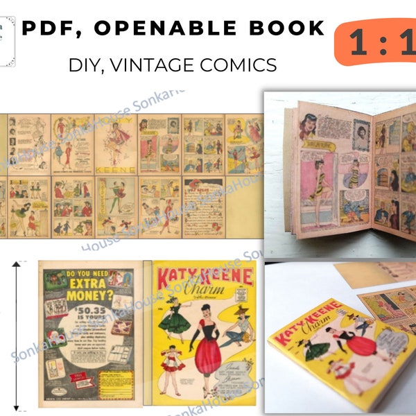 Miniature printable PDF 1/12 Instant download, mini Comics magazine, 112 scale vintage books, Dolls House 12th Scale, 112 scale toy DIY game