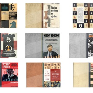 May include: A collection of nine vintage chess books with different covers. The books feature various chess pieces, chessboards, and portraits of famous chess players. The books are in various languages, including English, Spanish, Portuguese, and Russian.