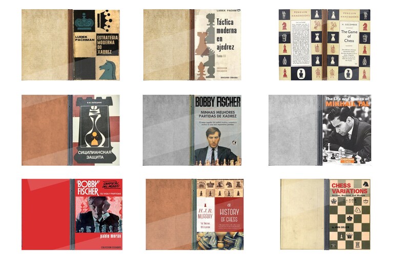 May include: A collection of nine vintage chess books with different covers. The books feature various chess pieces, chessboards, and portraits of famous chess players. The books are in various languages, including English, Spanish, Portuguese, and Russian.