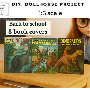 Miniature Blythe Book Covers | 1:6 Dollhouse PDF Set, 8 Retro Printable Designs, Dinosaur & Back to School Instant Download