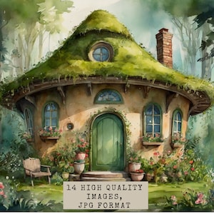 14 JPG, Immagini di alta qualità, Disegni di case delle fate della foresta, acquerello, Planner digitale, Diario spazzatura, Arte murale, Artigianato di carta, Uso commerciale