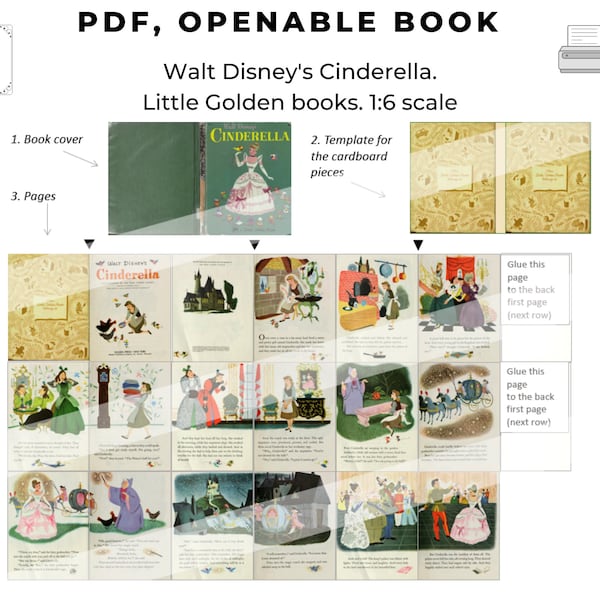 DIY Miniature book, PDF Instant download, tiny book, Cinderella miniature little golden books 1:6 digital Junk Journal Kit, book earrings