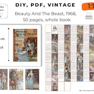 Puede incluir: Un patrón PDF imprimible para un libro de casa de muñecas a escala 1:12, con la clásica historia infantil "La Bella y la Bestia". El libro está ilustrado con ilustraciones vintage y tiene 50 páginas. El patrón incluye instrucciones para ensamblar el libro.