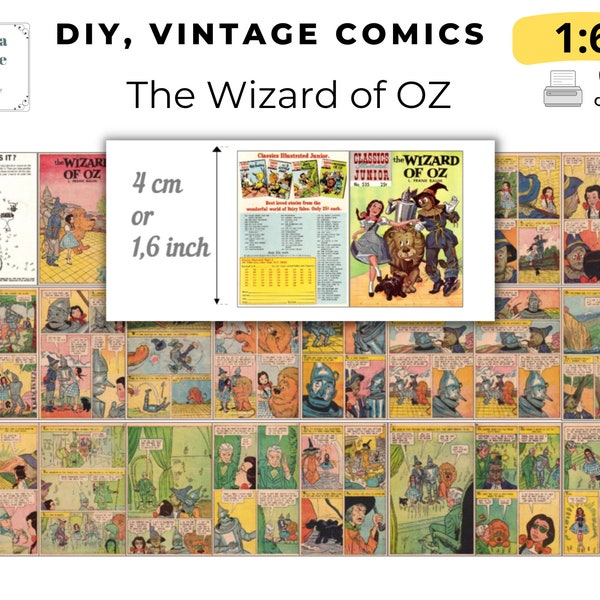 DIY Miniature book, Wizard of Oz, PDF Instant download, tiny book, Vintage Comisc, 24 pages, prop book miniature 1:6 digital library