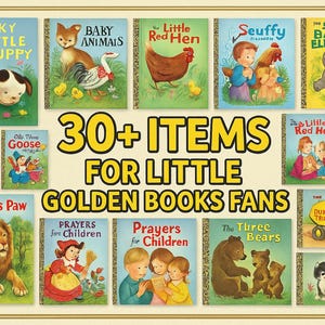 Może przedstawiać: Kolaż ponad 30 wintażowych okładek książek Golden Books z klasycznymi opowieściami dla dzieci, takimi jak "Mały, niezdarny szczeniak", "Małe zwierzęta", "Mała czerwona kura", "Puszysty kaczątko", "Szczęśliwe niedźwiadki" i "Trzy niedźwiadki".