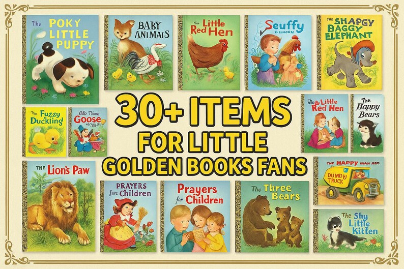 Może przedstawiać: Kolaż ponad 30 wintażowych okładek książek Golden Books z klasycznymi opowieściami dla dzieci, takimi jak "Mały, niezdarny szczeniak", "Małe zwierzęta", "Mała czerwona kura", "Puszysty kaczątko", "Szczęśliwe niedźwiadki" i "Trzy niedźwiadki".