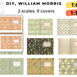 Può includere: Nove copertine di libri stampabili con disegni di William Morris in due diverse scale: 3,9 cm e 2,5 cm. Le copertine sono di vari colori, tra cui verde, arancione e nero, e presentano motivi floreali.