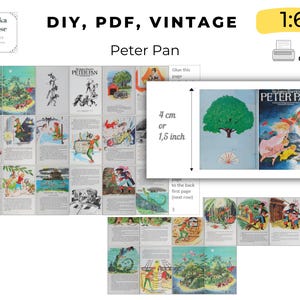 May include: A DIY, PDF, vintage Peter Pan project. The image shows a collection of illustrated pages, including the cover of the book. The text on the image includes "Peter Pan" and measurements of 1.5 inches or 4 cm.